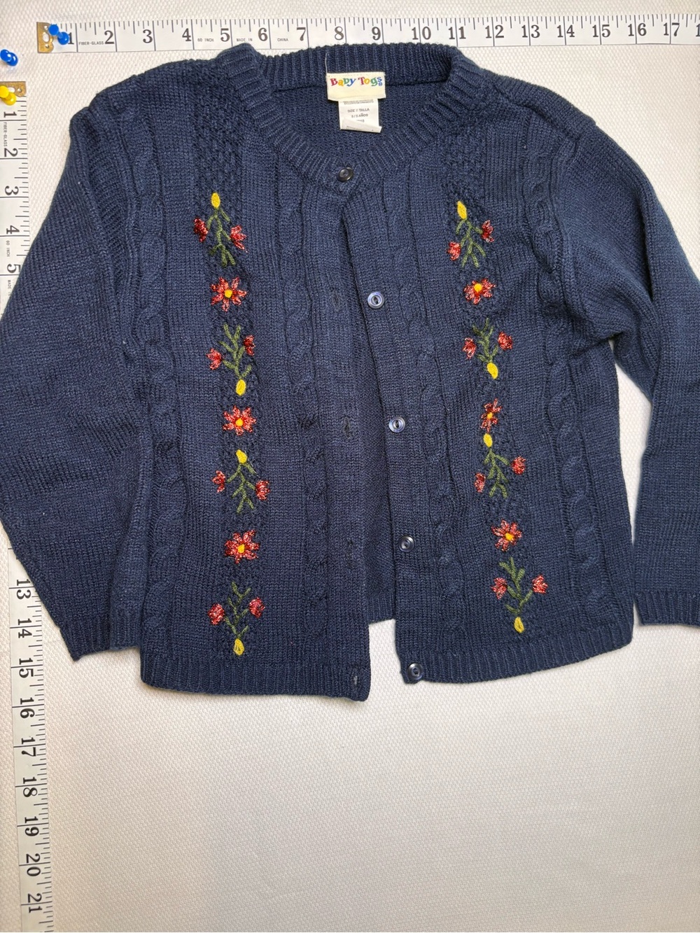 Vintage Y2K Baby Togs Girls Navy Floral Embroidered Cable Knit Cardigan Size 5/6